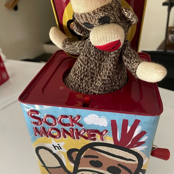 SOCK MONKEY JACK IN THE BOX this is gently used. - Picture 3 of 4